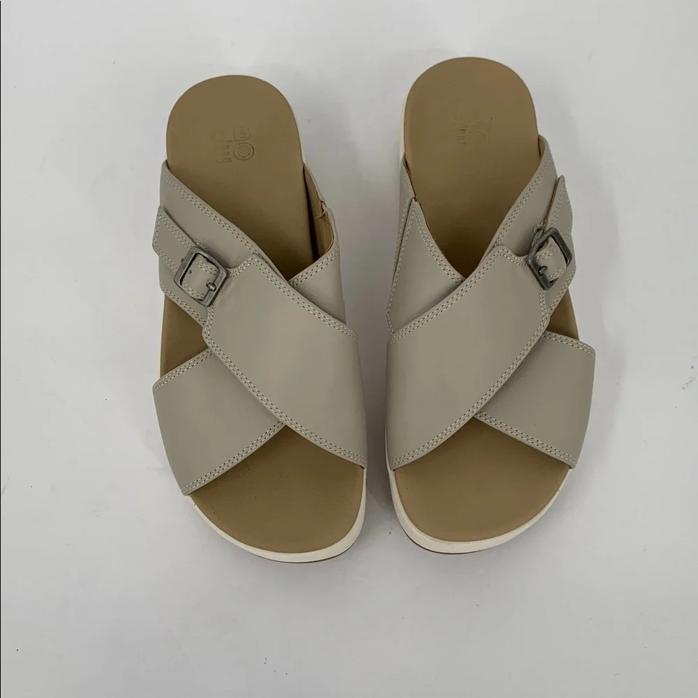 ABEO Solstice Cross wedge flatform slide sandal shoe beige leather tan brown 6.5